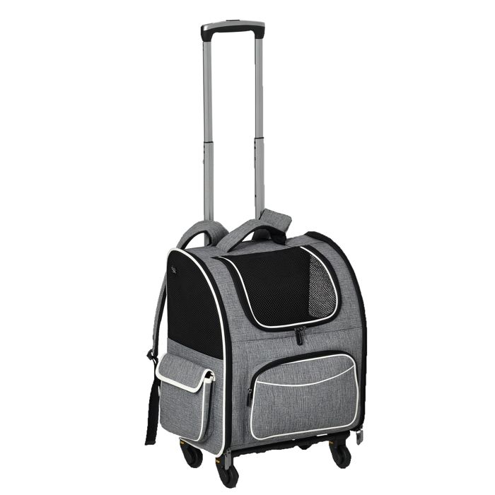 2 en 1 trolley chariot sac à dos sac de transport à roulettes pour chien chat gris