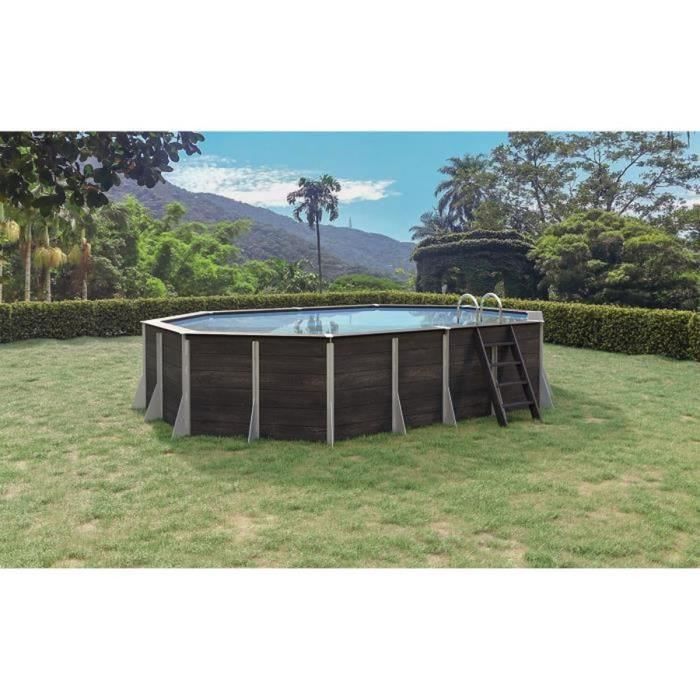 Piscine Composite Octogonale 5,52 * 3,93m semi-enterrée - Modèle Granville - Structure acier Just'aposé - Gris anthracite