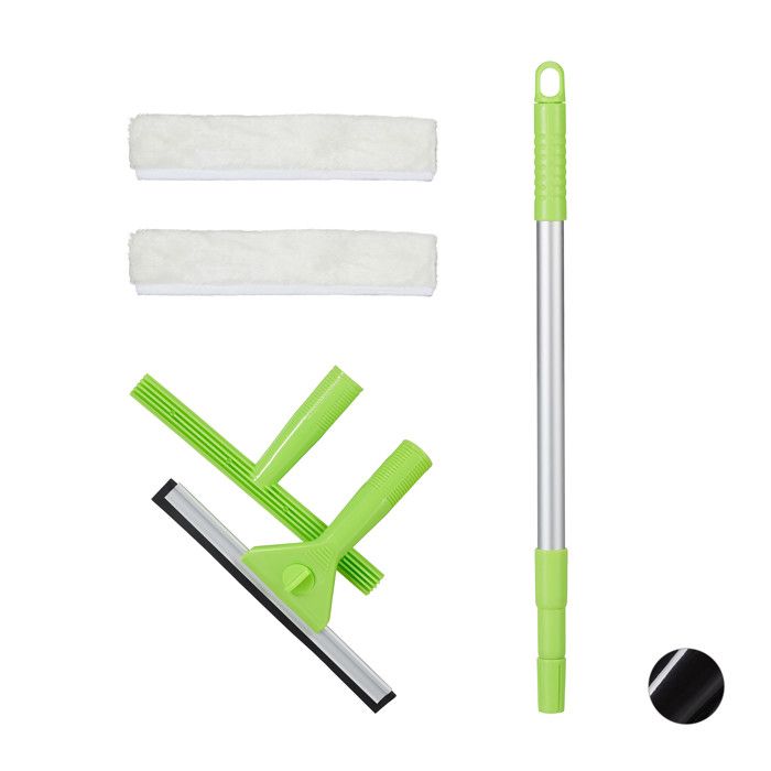 Relaxdays Jeu de 5 pièces nettoyeur de fenêtres, professionnels, Raclette fenêtre Vitre avec bâton télescopique,vert - 4052025940652