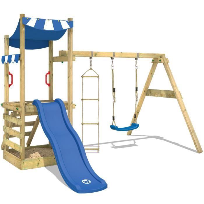 Aire de jeux WICKEY FunFlyer Portique en bois Tour d´escalade avec balançoire, toboggan et bac à sable