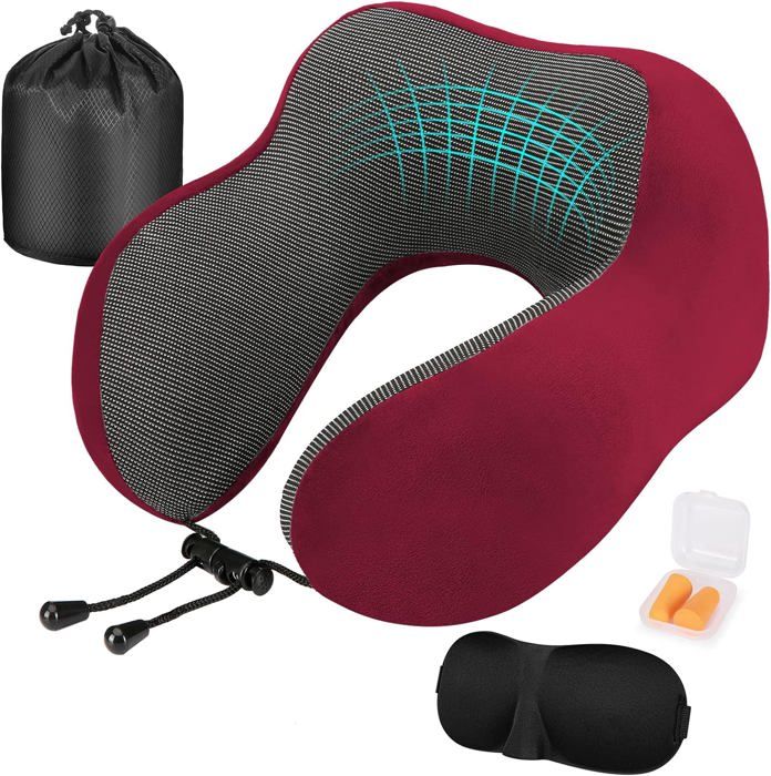 Coussin Nuque Avion Train TEIVUL Oreiller De Voyage En Mousse à Mémoire De Forme - Avec Masque Pour Les Yeux Et Bouchons D'Oreille, Sac Inclus