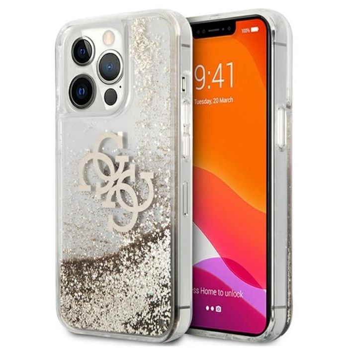 Guess Liquid Glitter 4G Big Logo Coque pour iPhone 13 Pro Max Or