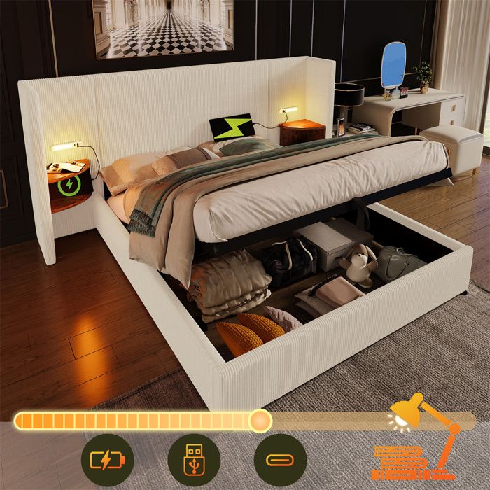 Lit 180x200 avec SommierLit Coffre de Rangement pour Double AdulteTable ChevetLampe de LectureUSB-CTissu Velours Côtelé Beige