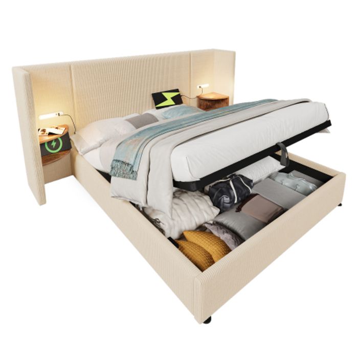 Lit coffre adult double 160x200 cm sommier inclus-lit velours rangement avec table de chevet lampe de table - USB type - C Beige