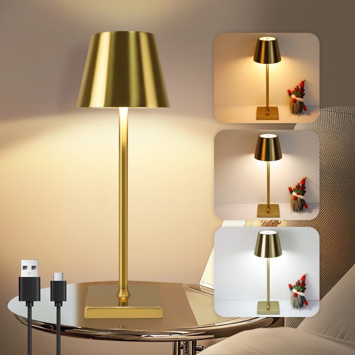 Homefire Lampe de table LED vintage dorée sans fil tactile à intensité variable lampe de chevet à 3 températures couleur