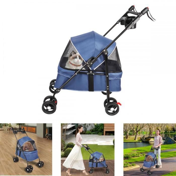 Meilleurs prix pour XUANYU  Animaux Voyage Poussette -  Poussette pour Chat avec Sac de Rangement et Housse de Pluie + Porte-gobelet - Bleu