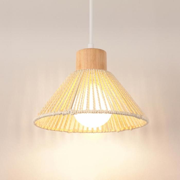 iDEGU Lustre Suspension Industrielle Rétro Lampe de Plafond Abat-jour en Rotin Blanc Style Bohème E27 Luminaire Vintage 22cm