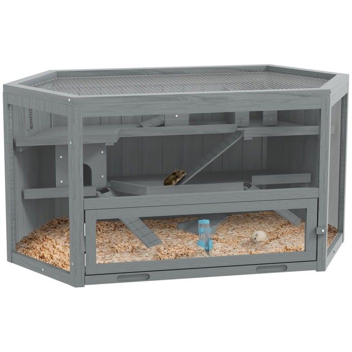 Meilleurs prix pour Cage Rongeurs 3 Niveaux 115x60x55cm Hexagonale Bois Gris Couvercle À Charnière + Fenêtre&rampe - Souris&hamsters