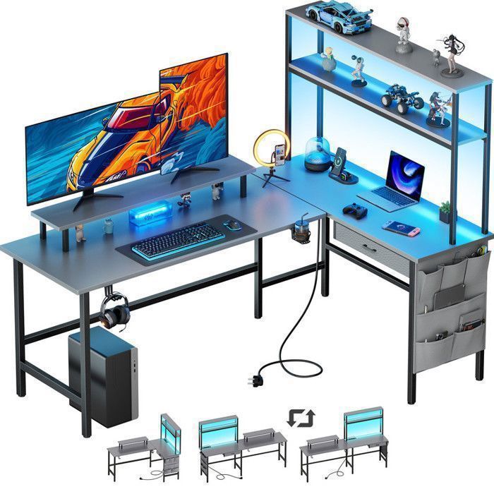 HLONONE Bureau dangle avec Rangement 170 x 100 cm Bureau Gaming en L avec Prise Intégrée & LED Support de Moniteur Gris