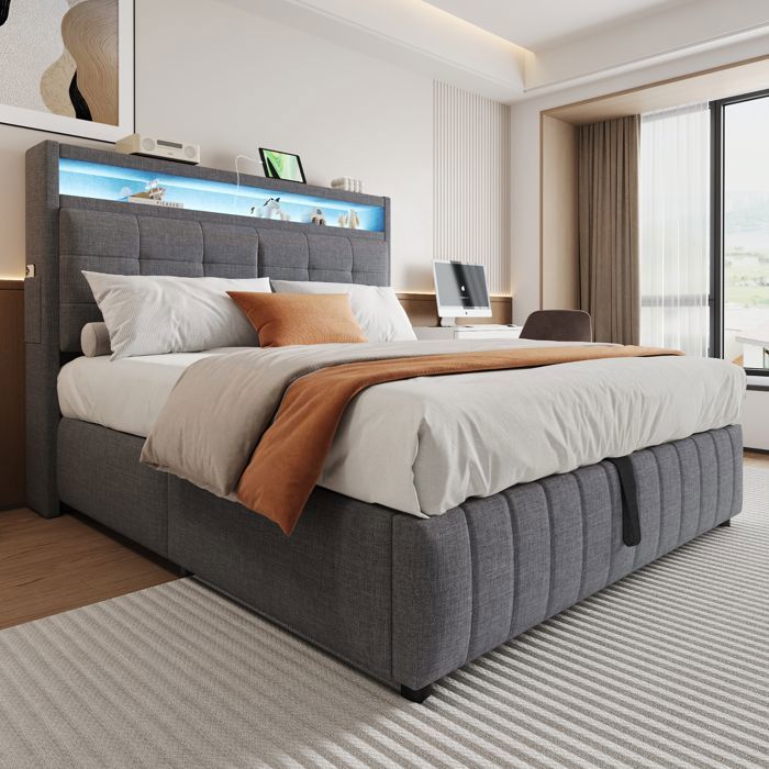 Lit rembourré 160*200 cm avec éclairage LED et prise USB avec rangement hydraulique avec compartiments de rangement Linge Gris