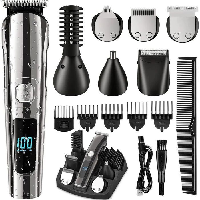 Tondeuse à cheveux tondeuse à barbe tondeuse à poils du corps rasoir électrique 11 en 1 pour hommes avec batterie 6 Étiquette