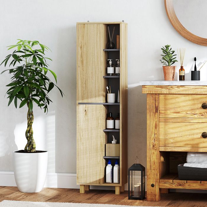 Meuble colonne salle de bain armoire de salle de bain avec 6 compartiments ouverts et 2 placards bois naturel