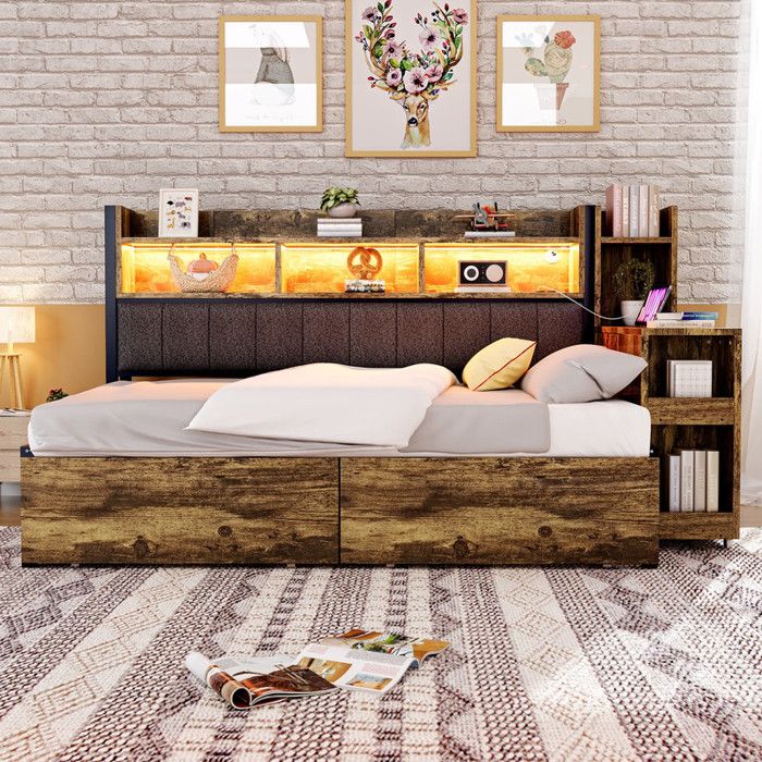 Canapé-lit rétro 90 x 200 cm avec meuble de rangement multifonction prise multifonction et éclairage LED tiroir de rangement
