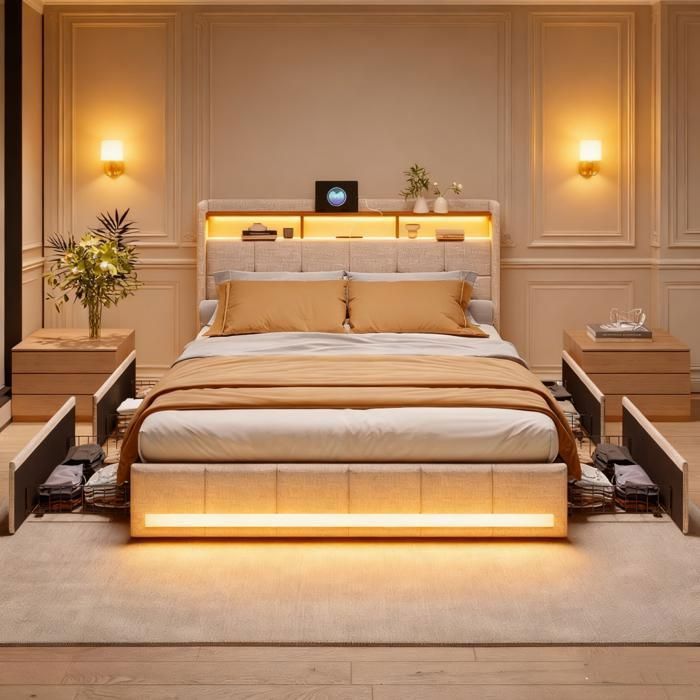 Lit double 140x200 - RAVAS - Beige - LED RGB - 4 tiroirs de rangement - Tête de lit rembourrée