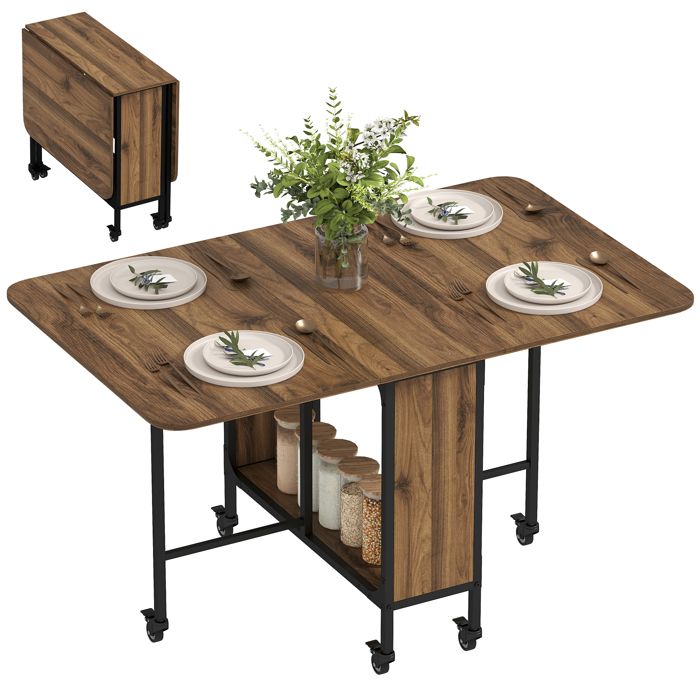 Table à manger pliante - HOMCOM - pour 6 personnes - 6 roulettes - étagère intégrée - panneau de particules - 130x80x74cm - marron