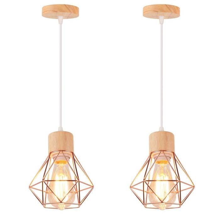 WOTTES Suspension Luminaire Vintage Industrielle Lustre Abat-jour en Métal et Bois Ø16cm Rétro Or rose Pour Salon Cuisine (2pcs)