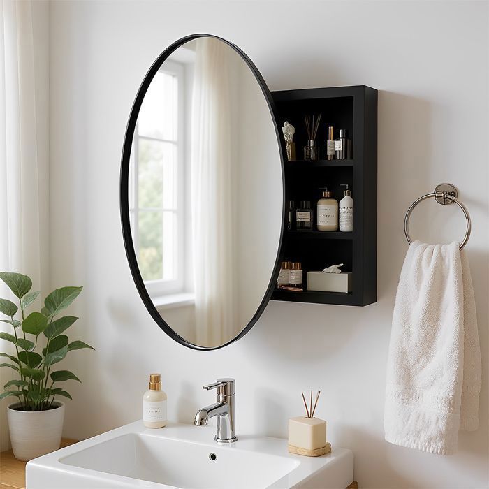 Armoire de miroir de salle de bain-Meuble Salle de Bain avec étagères réglables-- Armoire murale rond de porte unique- 61x61x19cm