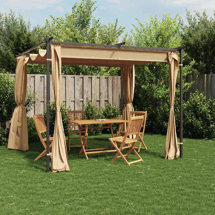Tonnelle avec rideaux - vidaXL - 3x3 m - Taupe - Acier - Polyester - Anti-UV - Résistant à leau - 3 parois latérales