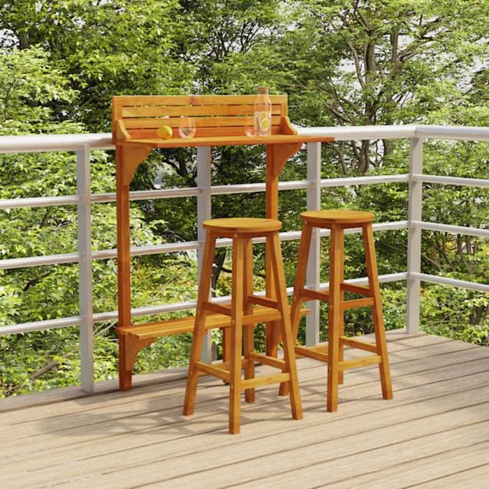 Ensemble de bar de balcon en bois - Bois dacacia massif - 3 pièces - Table: 90x37x1225 cm - Tabouret: 34x34x76 cm