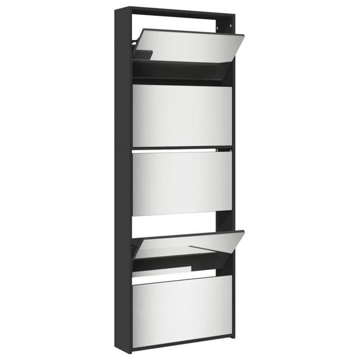 Armoire à chaussures avec miroir - WIENS - 5 niveaux - Noir - 63x17x169 5 cm - Bois dingénierie - 5 tiroirs rabattables