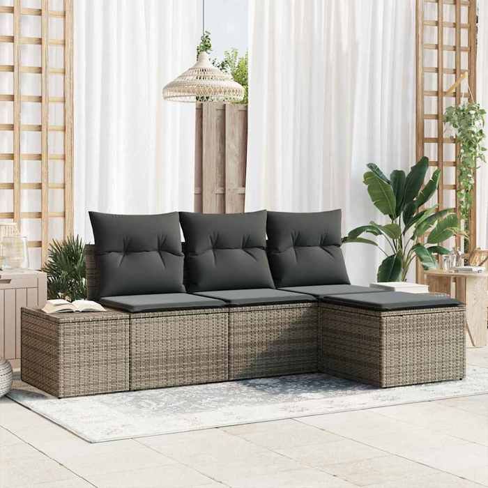 Ensemble de canapé de jardin en poly rotin - BURKE - Gris - Modulaire - Résistant aux intempéries - Coussins étanches