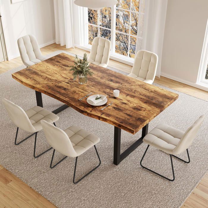 JIEXI Table à manger rustique plateau aspect bois avec bord ondulé (Vintage Woodgrain + 6 chaises de table à manger beiges)