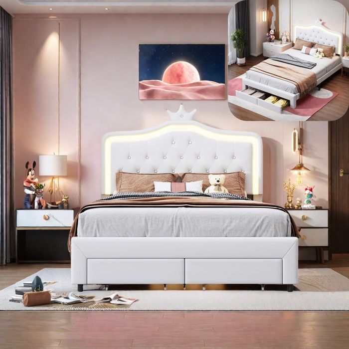 Lit de fille 140x200 cm - RAVAS - avec éclairage LED - 2 tiroirs - blanc - PU