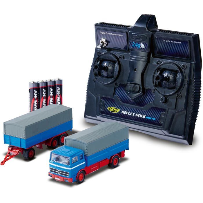 Camion RC à léchelle 1:87 - Carson - MB 1620 avec remorque - 100% RTR - Bleu - Télécommande 24 GHz - Éclairage LED