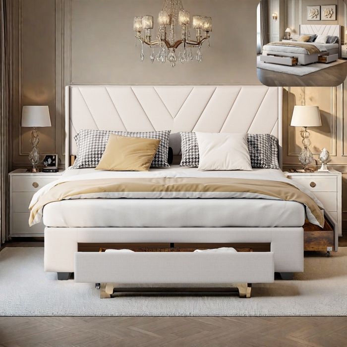 Lit 160x200 cm - RAVAS - 3 tiroirs - Tissu en lin beige - Sommier à lattes - Design élégant