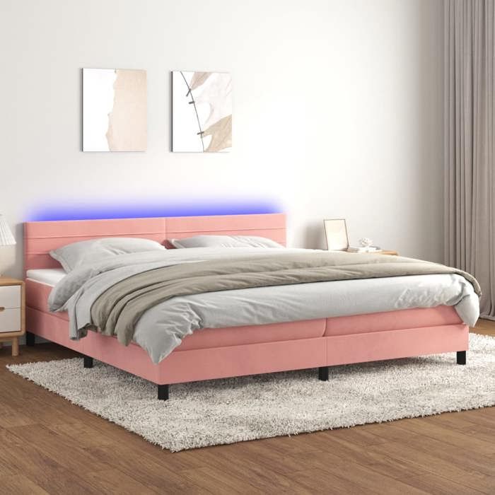 Sommier à lattes avec matelas et LED - vidaXL - Rose - Velours - 203x200x78/88 cm - Matelas à ressorts ensachés