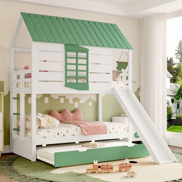 Lit superposé maison 90x200 cm avec lit gigogne pin/MDF blanc et vert — sans matelas