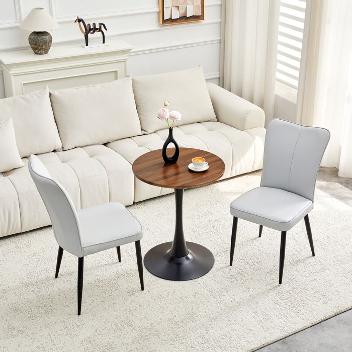 Ensemble table et chaises - Table ronde 60 cm - 2 chaises en PU gris clair - Plateau MDF - Pied de support noir