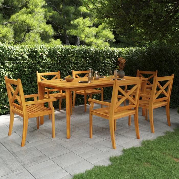 Ensemble table et chaises de jardin - Design à lattes - Bois dacacia massif - 6 places - Table rectangulaire 2025x1005 cm