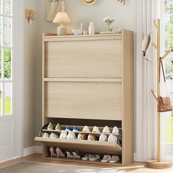 Meuble à chaussures étroit - LUNSY - 805 x 26 x 117 cm - 3 tiroirs abattants - Étagère réglable - Bois composite