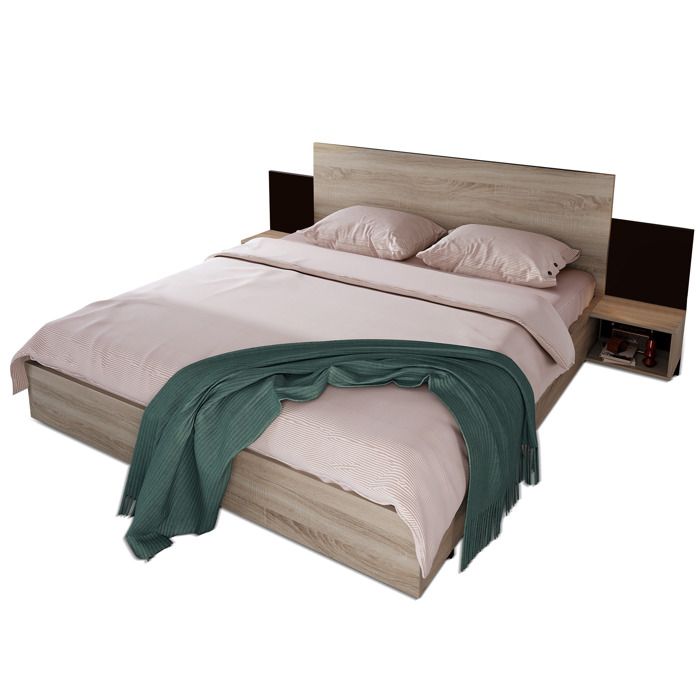 Lit double 160x200 cm en bois avec 2 chevets style moderne finition chêne Sonoma