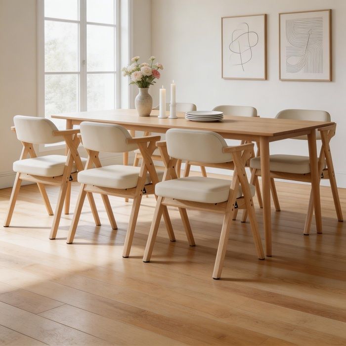 Chaise de salle à manger pliable - PAGE LIVING - 64 5×66 5×76 cm - Bois massif - Coussin lin beige - Lot 6