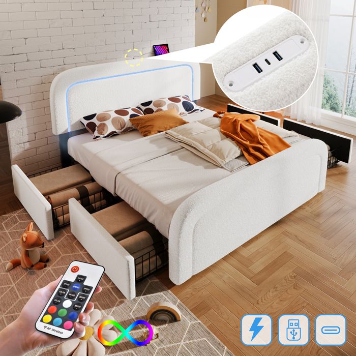 Cadre de lit double avec rangement - 160x200 cm - Éclairage LED intégré - Charge USB Type-C - 4 tiroirs de rangement