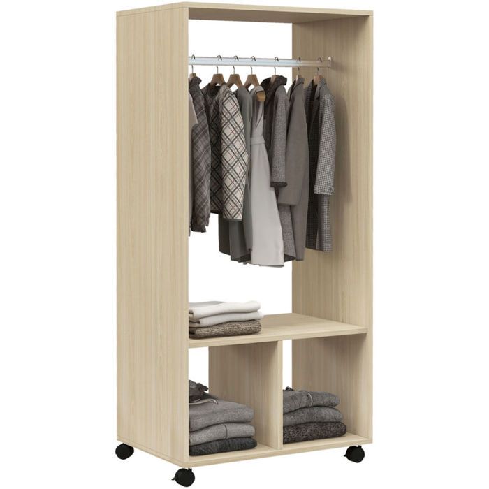 Armoire penderie étagère 2 niches penderie 4 roulettes pivotantes dim. 60L x 40l x 128H cm bois naturel