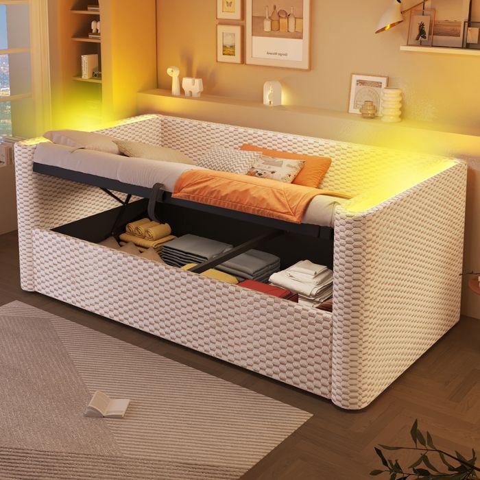 Canapé-lit - KOMHTOM - 90x200 velours moderne - Rangement hydraulique - LED APP - Lattis inclus