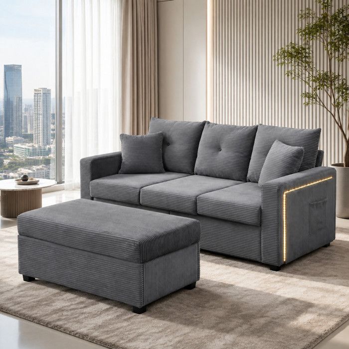 Canapé d’angle modulable 3 places LED EVRYAE 184 cm avec ottoman amovible tissu côtelé gris antique