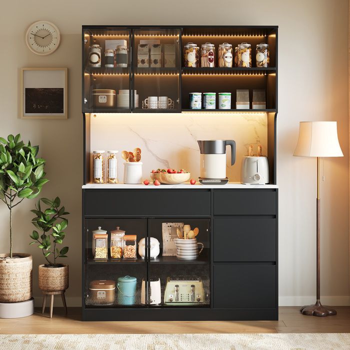 Meuble haut avec éclairage LED buffet de cuisine une finition effet marbre sur la partie centrale MDF 120x40x180cm noir et blanc