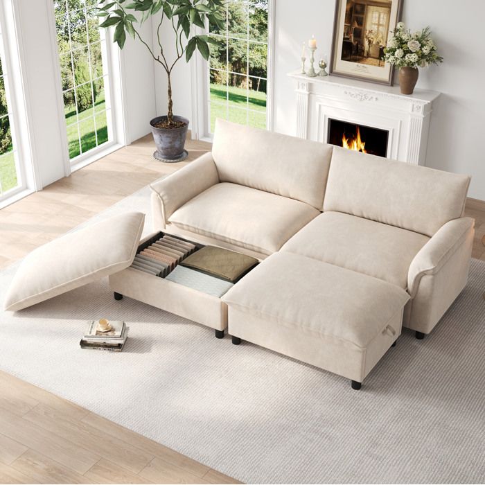Canapé dangle modulable 4 places en chenille beige avec 2 poufs mobiles coffre de rangement 216 x 77 x 82 cm