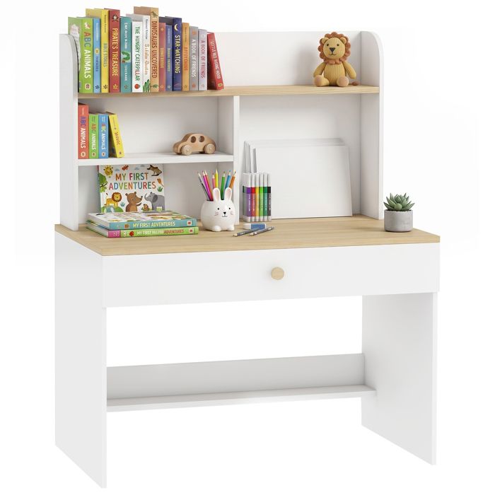 Bureau pour enfant - AIYAPLAY - plateau large tiroir et étagères ouvertes - pour 3 à 8 ans - bois - 80 x 50 x 100 cm - blanc