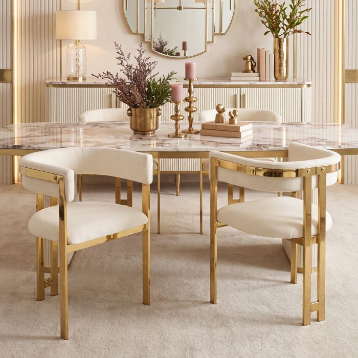 Chaises de salle à manger modernes - Lot de 4 chaises - Beige et or - Tissu chenille doux - Pieds métalliques dorés