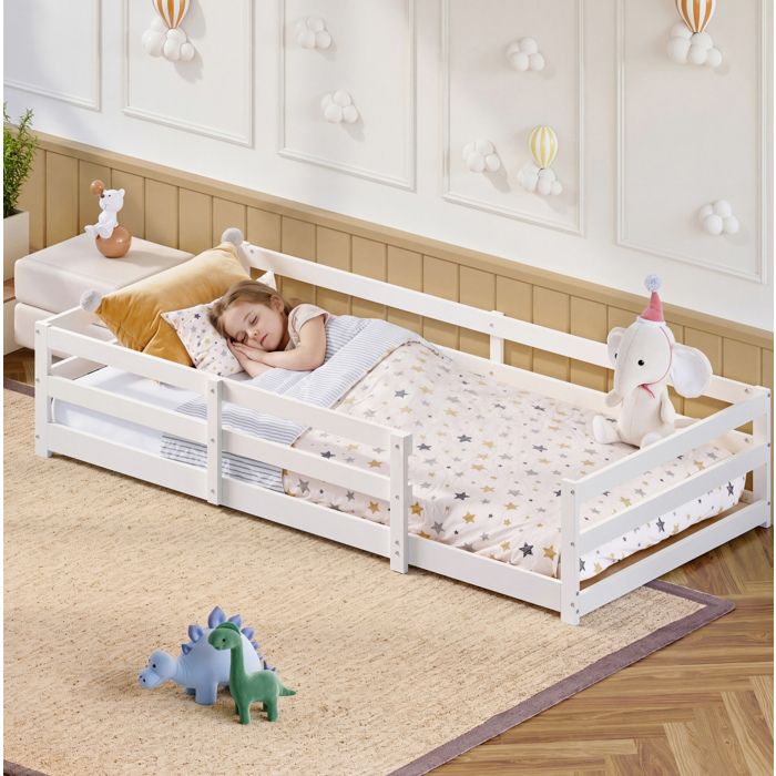 Lit Enfant 90×200 cm Barrière 4 Côtés et Sommier Inclus - BEAUNIV - sans Matelas Pin Massif - Blanc