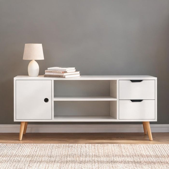 Meuble TV scandinave en panneaux de particules et bois de pin 2 niches 2 tiroirs 1 placard 120 x 28 x 44 cm blanc
