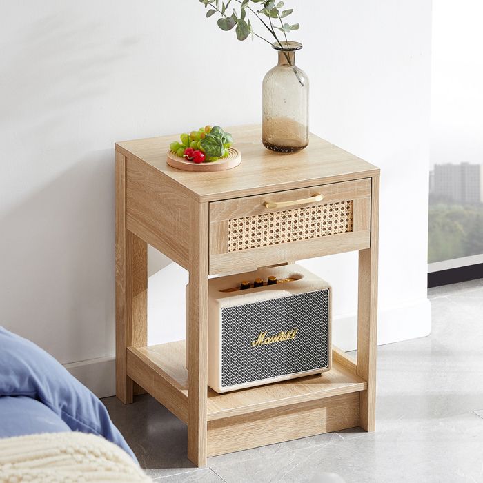 VUENOR Table de chevet 40 x 40 x 55 cm effet rotin naturel avec 1 tiroir et niche ouverte