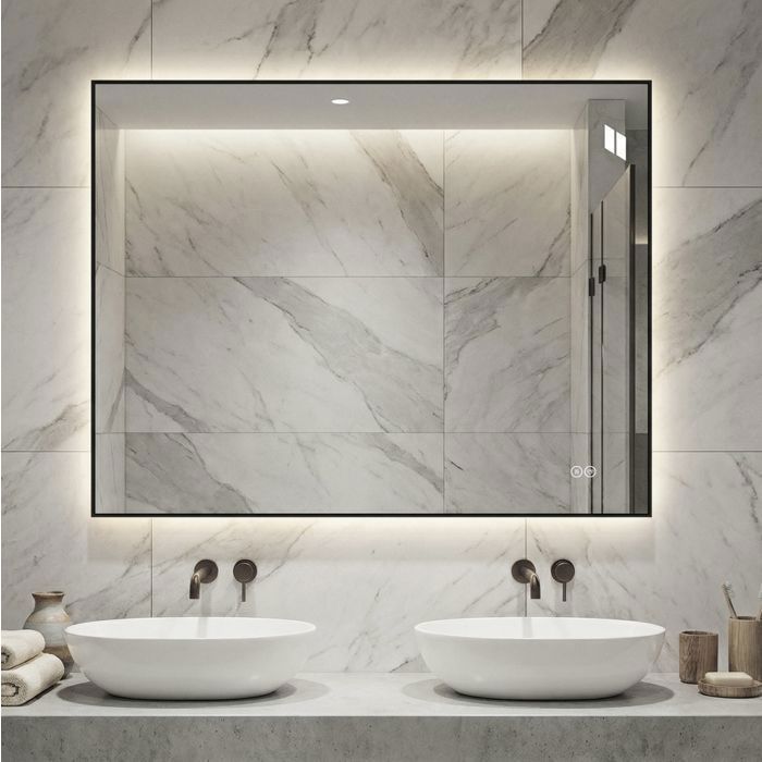 WUVRIE Miroir de salle de bain LED 90 x 70 cm cadre aluminium anti-buée 3 couleurs de lumière
