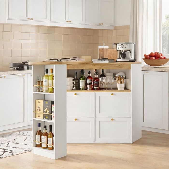 Table haute clean white en MDF avec cadre latéral rotatif 360° 4 tiroirs et étagères ouvertes pour cuisine ou bureau 138 x 39 cm