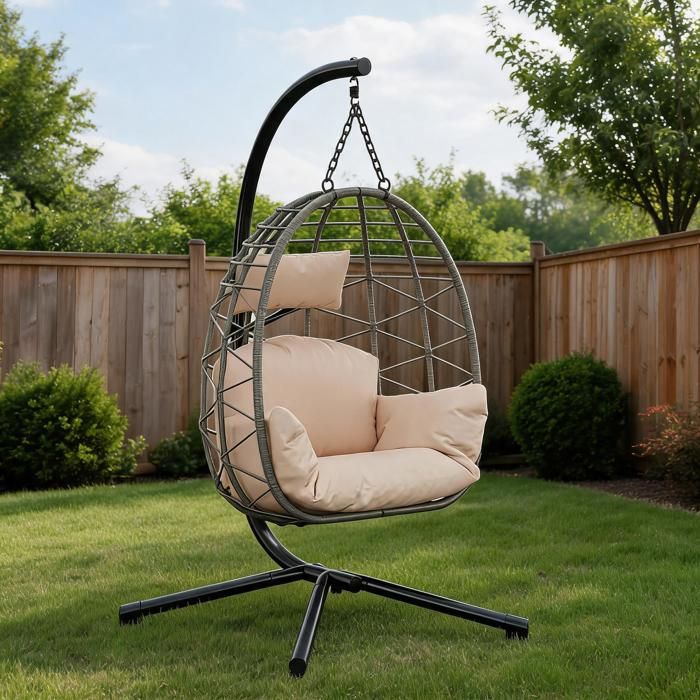 KOIOPLIE Fauteuil Oeuf Suspendu en Rotin PE avec Support - Structure Acier 150kg Coussins Lavables Beige Housse - Jardin/Terrass